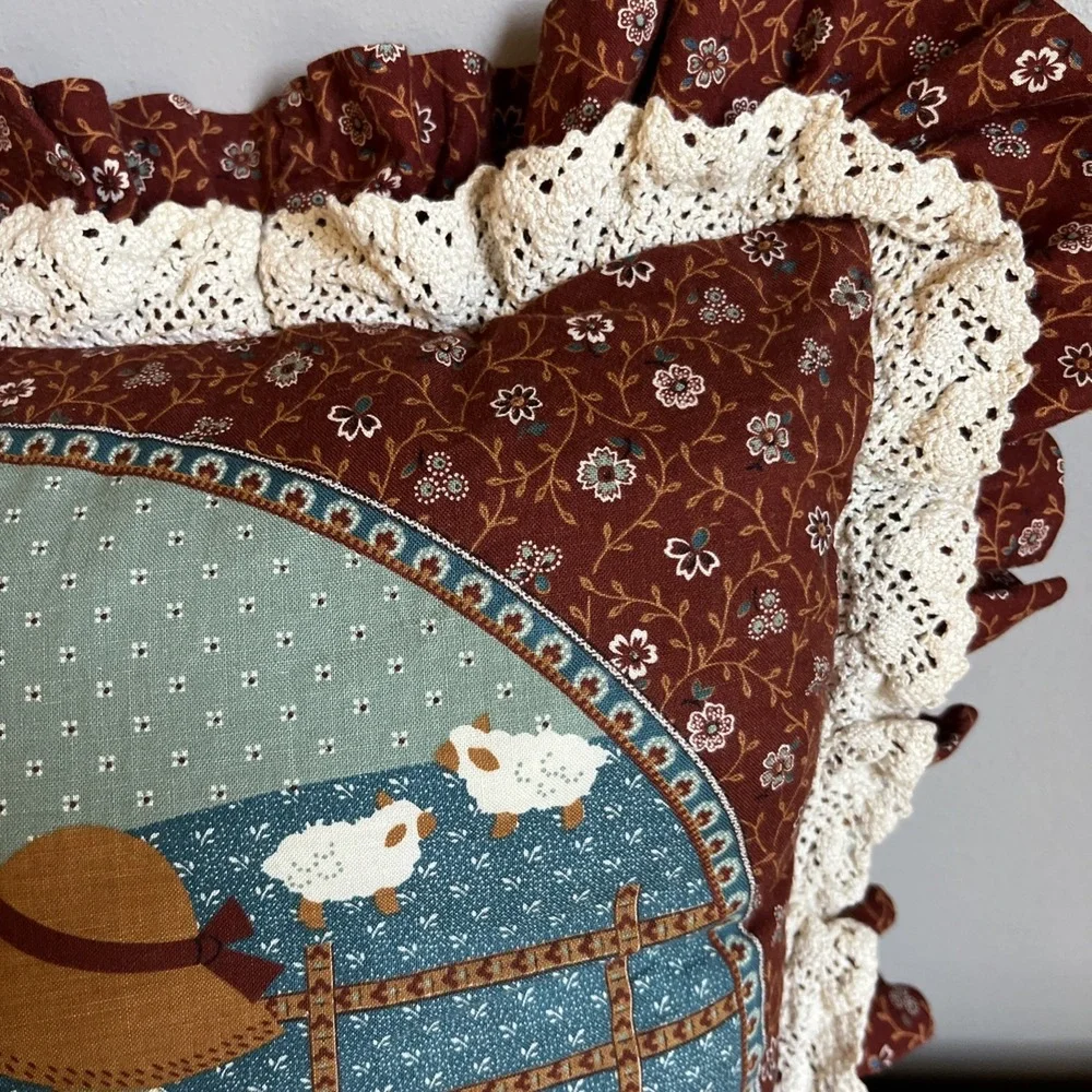 Vintage 1970's Old Country Style Pillow Goose Girl Floral Pattern Cottagecore